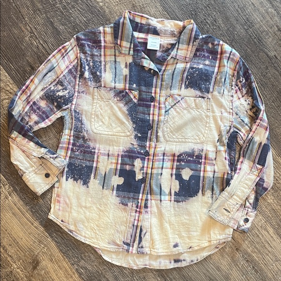 Arizona Plaid Button-Up Shirt with Pockets Hand Bleached - Picture 1 of 3